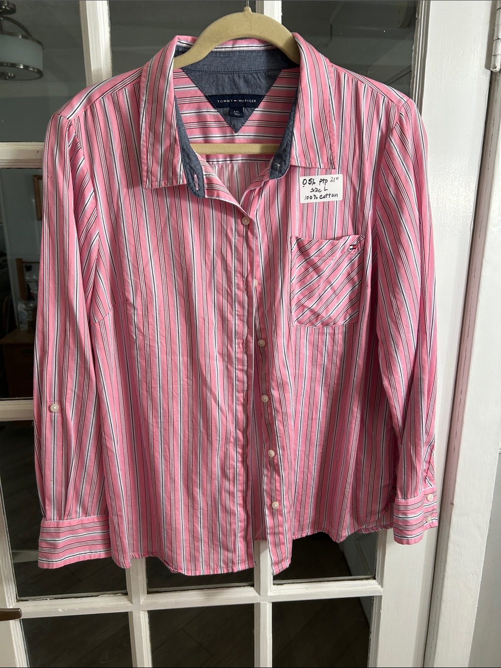 O56. Tommy Hilfiger Pink and White Striped Dress Shirt